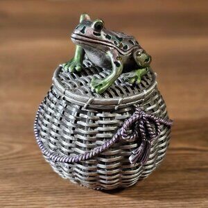 Vintage Frog on Basket Crystal & Pewter Trinket Box